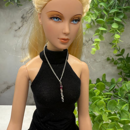 Crystal Quartz & Red Glass Silver Pendant Necklace • 16” Fashion Doll Jewelry