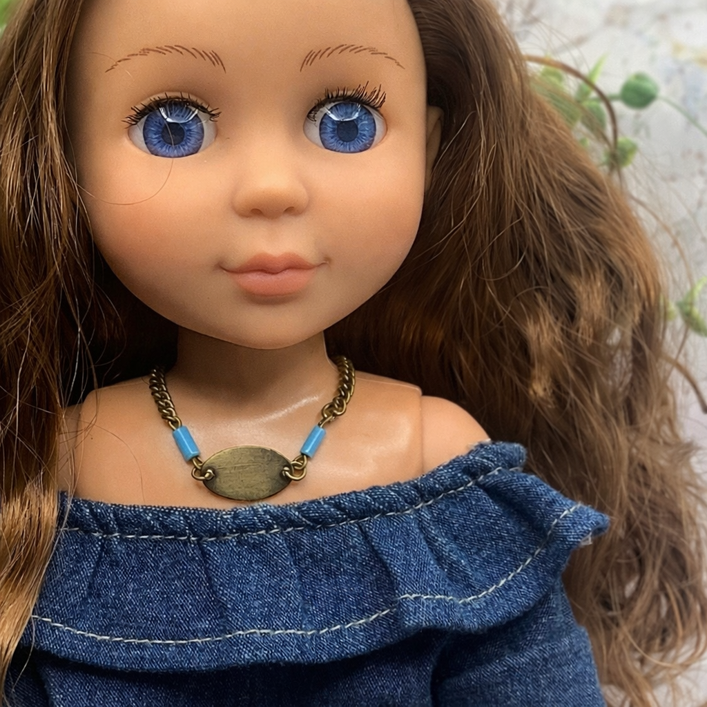 Turquoise Blue Brass Gold Oval Pendant Necklace for 14 inch Wellie Wisher Doll