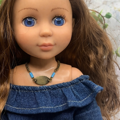 Turquoise Blue Brass Gold Oval Pendant Necklace for 14 inch Wellie Wisher Doll