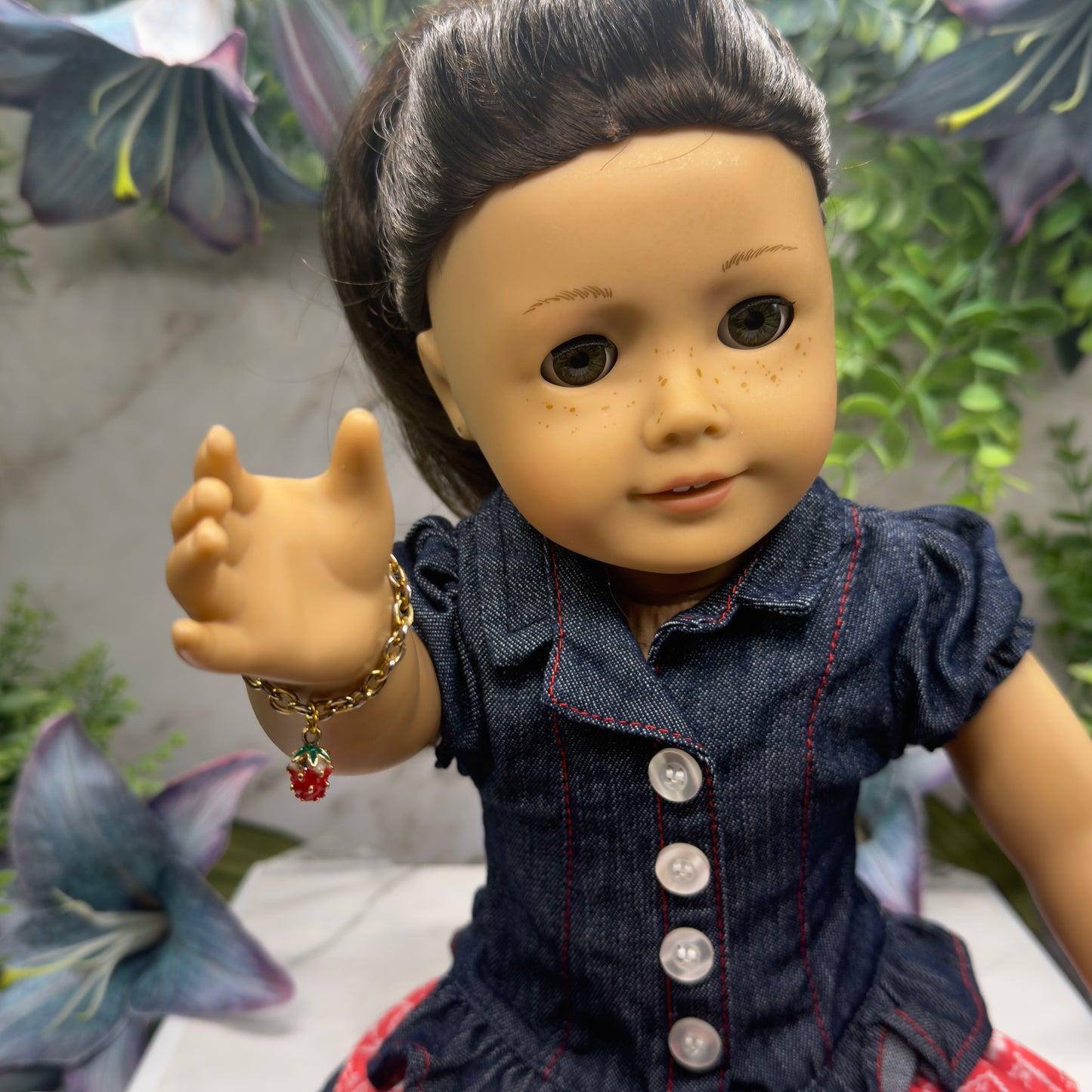 Strawberry Charm Gold Chain Doll Bracelet • 18 Inch Fashion Doll Jewelry