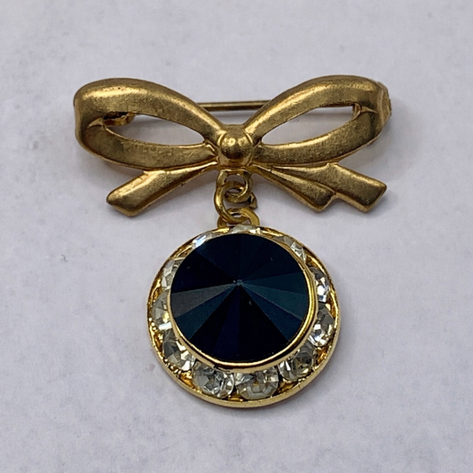 Gold Tone Bow Pin Black & Clear Rhinestone Dangle Doll Brooch