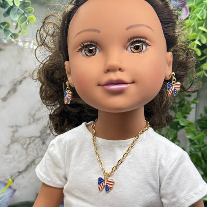 American Flag Bow Charm (Red White Blue) Doll Necklace & Earrings for 18 Inch Fashion Doll