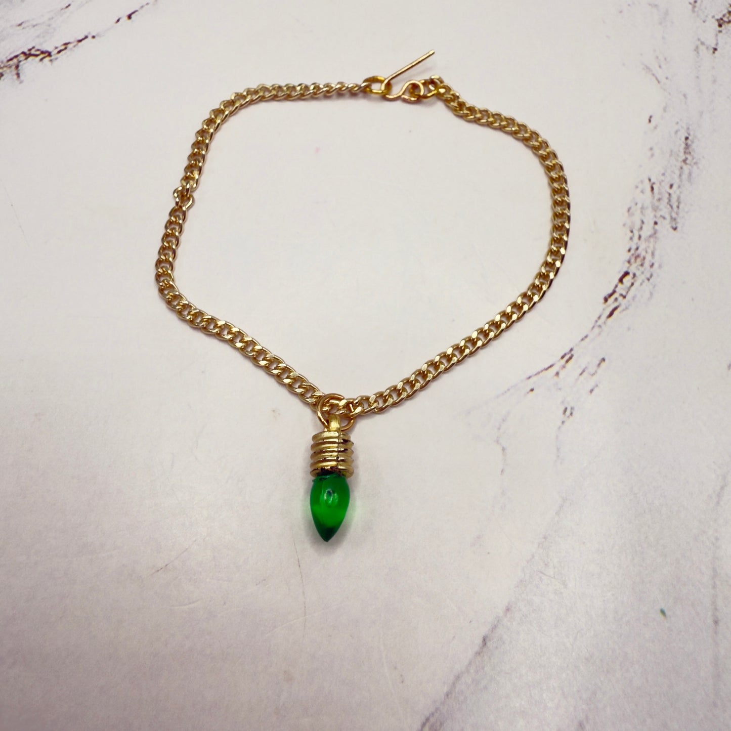 Green Christmas Light Charm Gold Doll Necklace • 18 Inch Fashion Doll Jewelry