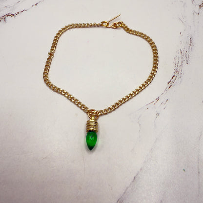 Green Christmas Light Charm Gold Doll Necklace • 18 Inch Fashion Doll Jewelry