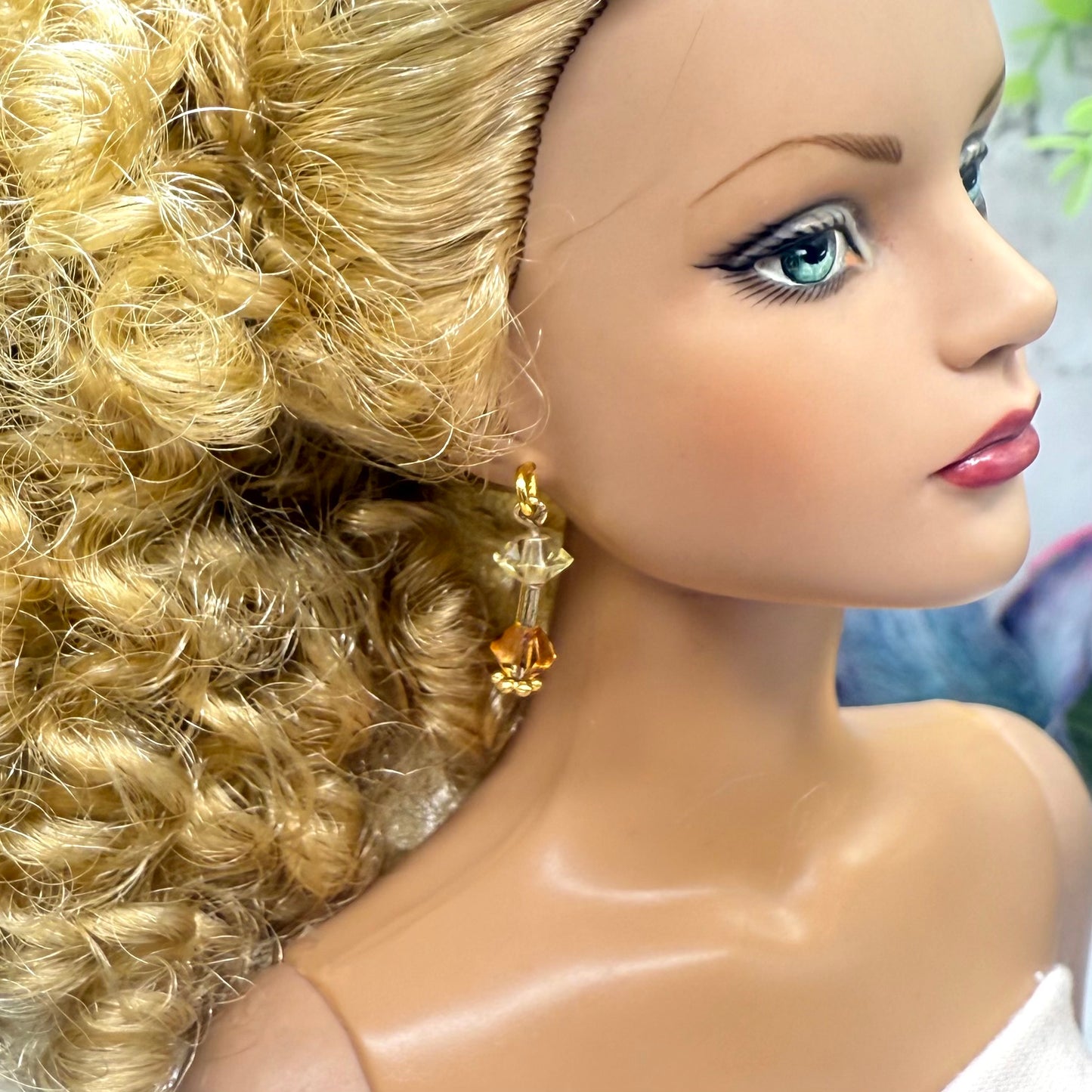 Dark Orange & Clear Crystal Dangle Gold Earrings • 16 Inch Fashion Doll Jewelry