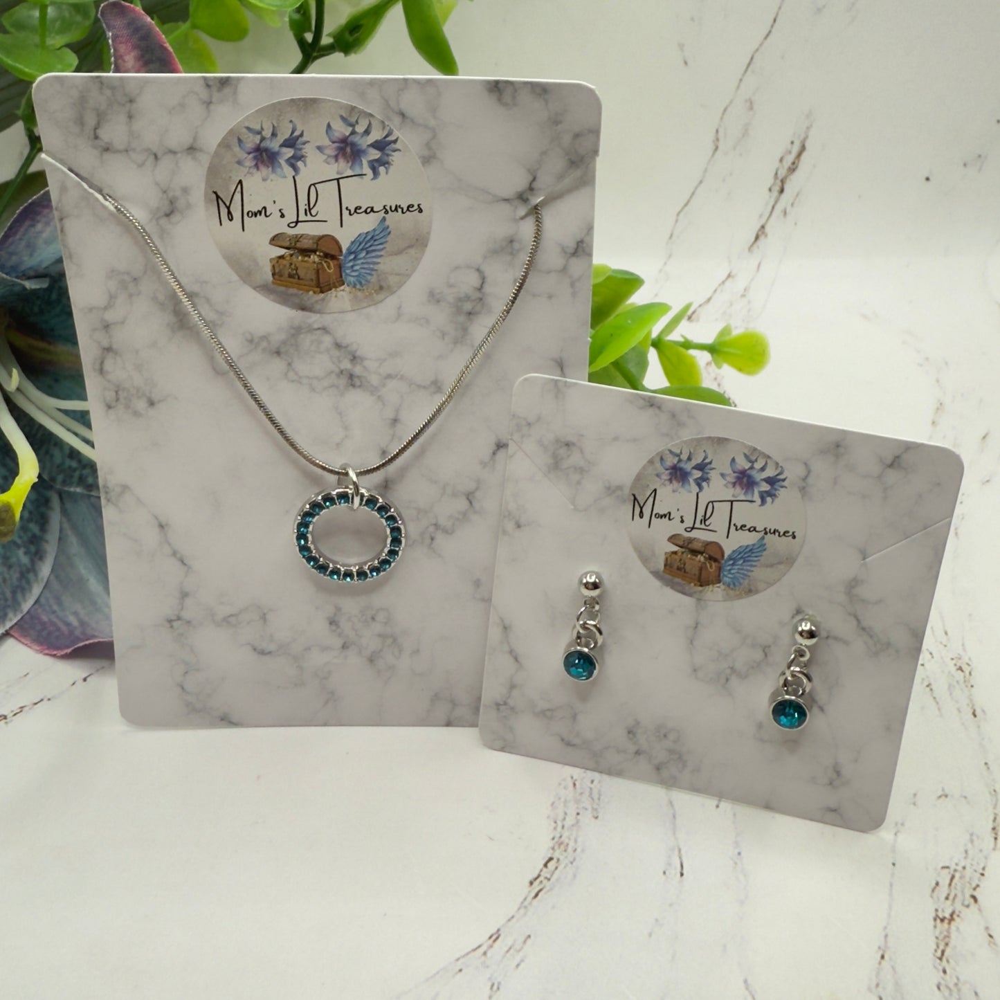 Turquoise Rhinestone Round Pendant Doll Necklace & Earrings Set • 18 Inch Fashion Doll Jewelry