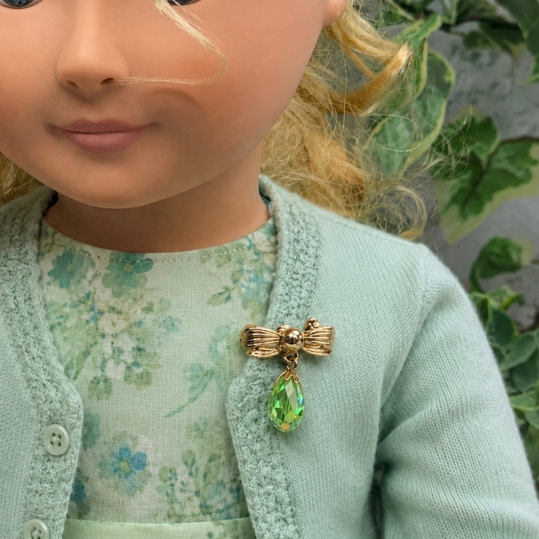 Green Glass Crystal Dangle Gold Bow Doll Pin Brooch