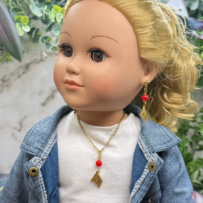 Red Bead Gold Flag Dangle Doll Necklace & Earrings Set for 18 Inch Fashion Doll