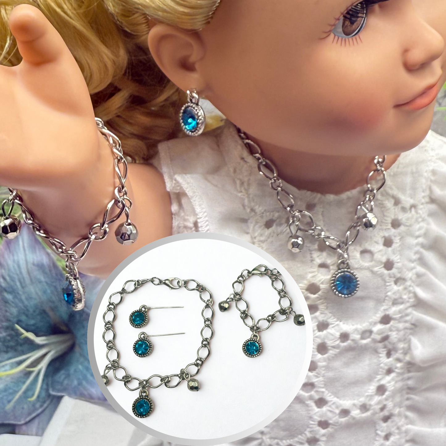 Round Turquoise Rhinestone Pendant Silver Link Doll Necklace Earrings Bracelet Set • 18 Inch Fashion Doll Jewelry