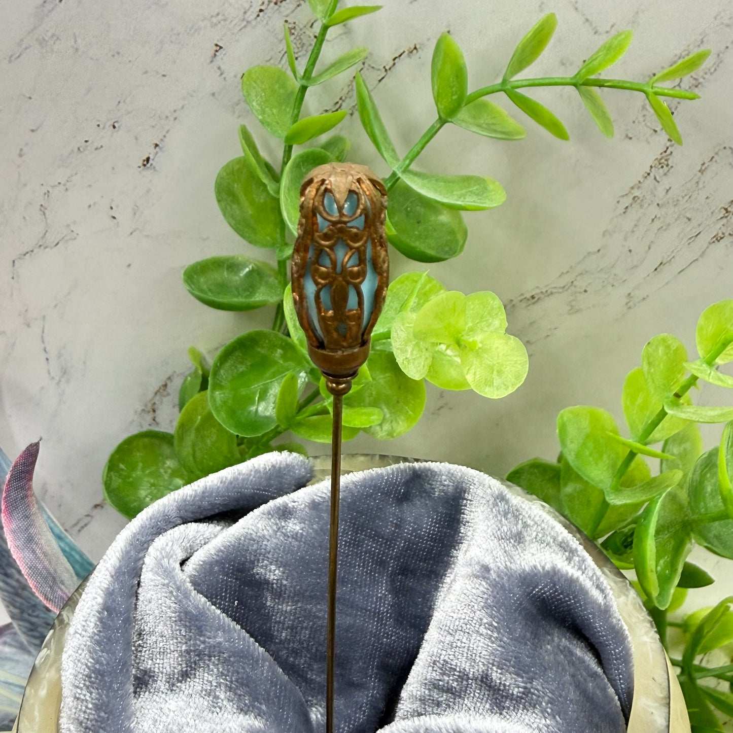 Ornate Vintage Style Copper Tone Lantern shape Filigree Cage Turquoise Glass Hatpin - 5 inch • Hatpin - Stick Pin