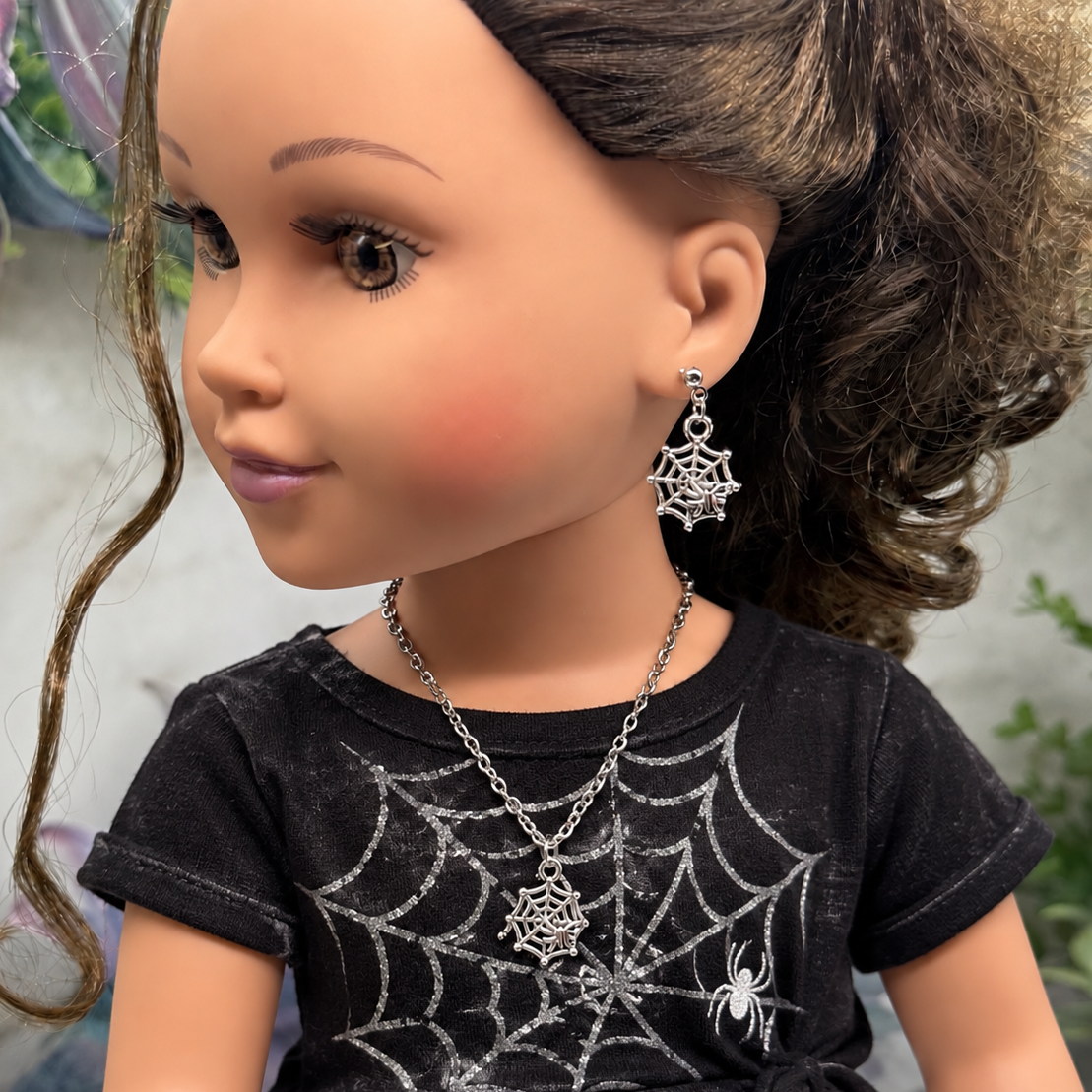 Silver Spider Web Halloween Necklace and Earrings Set | for 18 Inch Fashion Doll