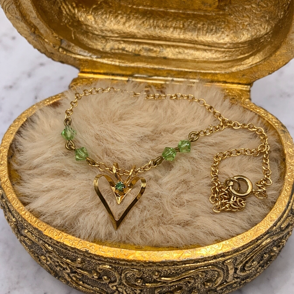 Gold Open Heart Pendant Green Glass Crystal Accent Doll Necklace • 18 Inch Doll Jewelry