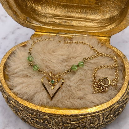 Gold Open Heart Pendant Green Glass Crystal Accent Doll Necklace • 18 Inch Doll Jewelry