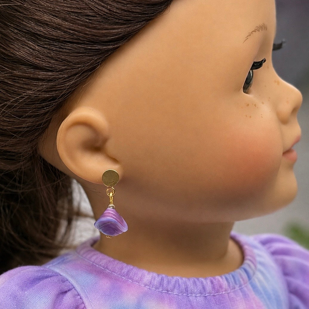 ✨Handmade Doll Earring Dangles (fit 2mm earring posts) for popular 18 Inch Fashion Dolls ✨Purple Blue Swirl Glass Drop Gold Doll Earrings - DANGLE ONLY - fits 2mm post