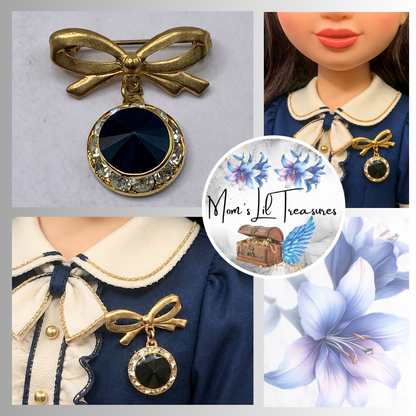 Gold Tone Bow Pin Black & Clear Rhinestone Dangle Doll Brooch
