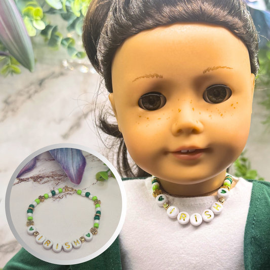 “IRISH” Green White Shamrock Beaded Doll Necklace • 18 Inch Fashion Doll Jewelry