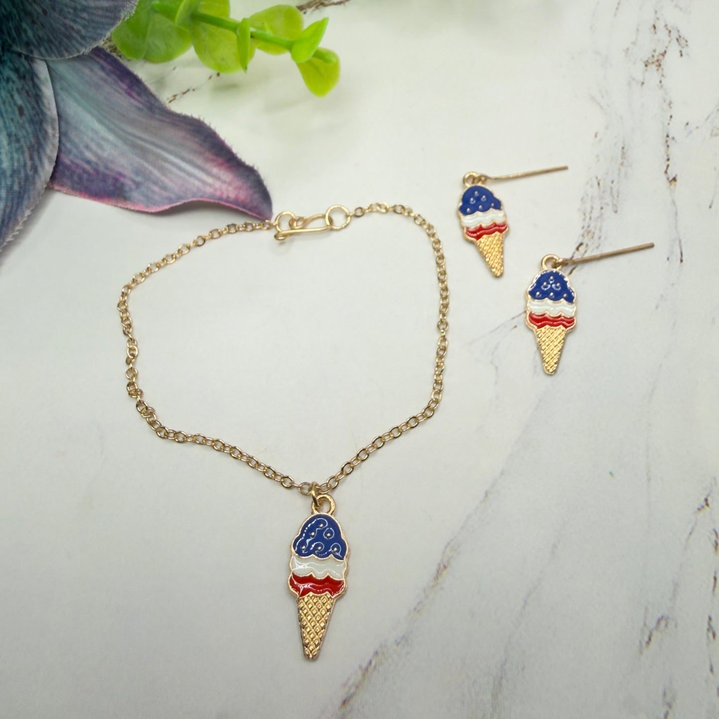 Red White Blue Patriotic Ice Cream Cone Charm Doll Necklace & Earrings Set for 18 Inch Fashion Doll