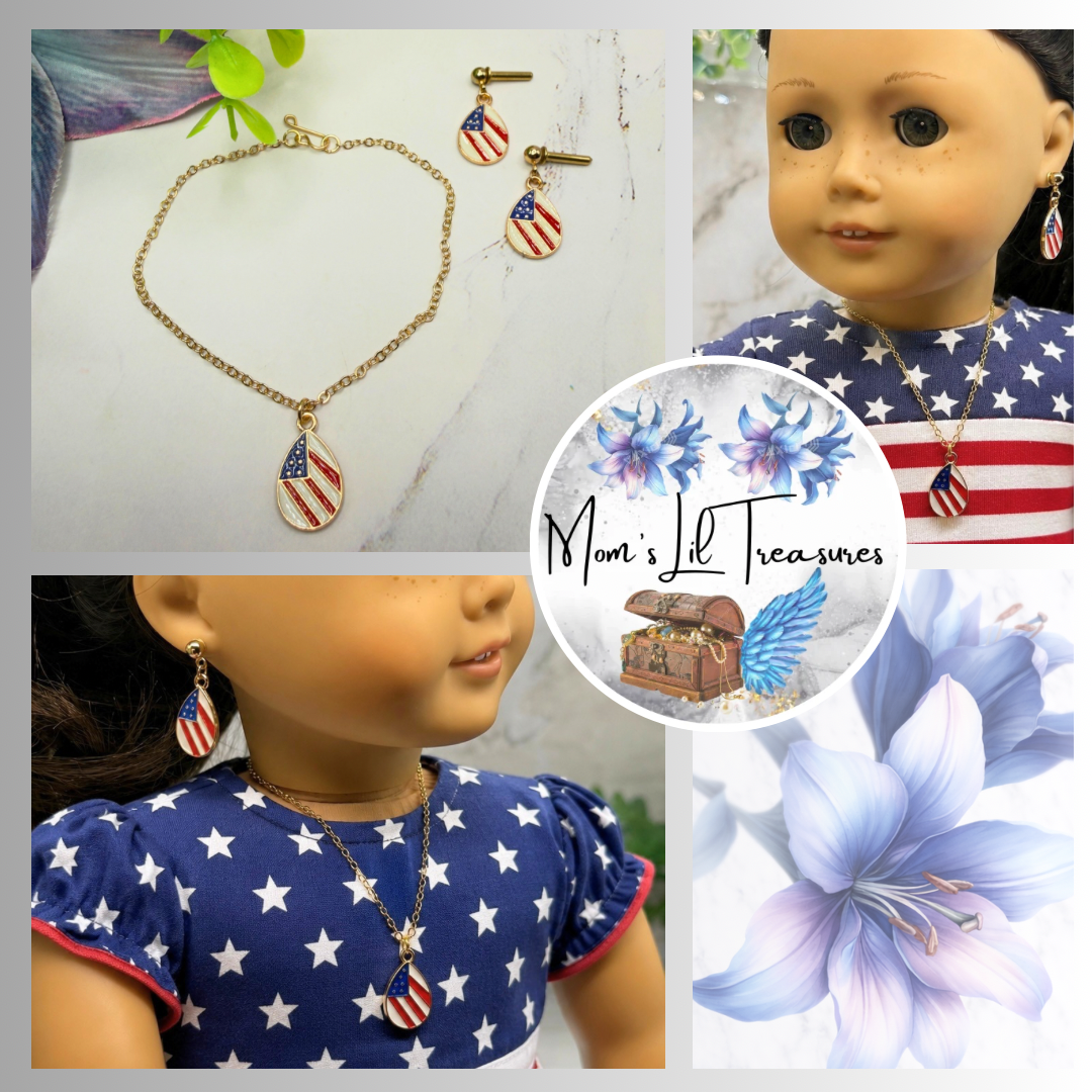 Red White Blue Patriotic Flag Design Teardrop Charm Doll Necklace & 2mm Post Earrings | fits 18 Inch Fashion Doll