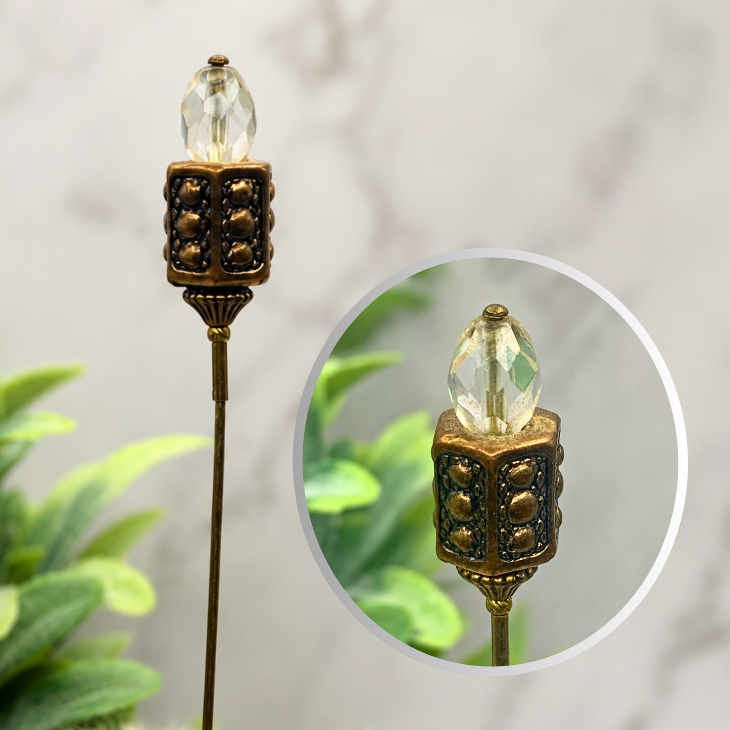 Clear Crystal - Bronze Brass Ornate -  6” Pin • Hatpin - Stick Pin