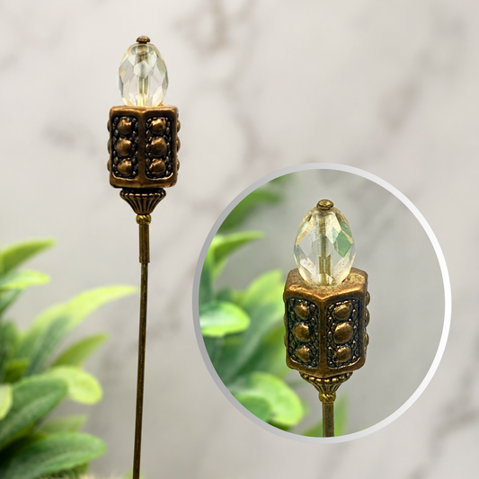Clear Crystal - Bronze Brass Ornate -  6” Pin • Hatpin - Stick Pin