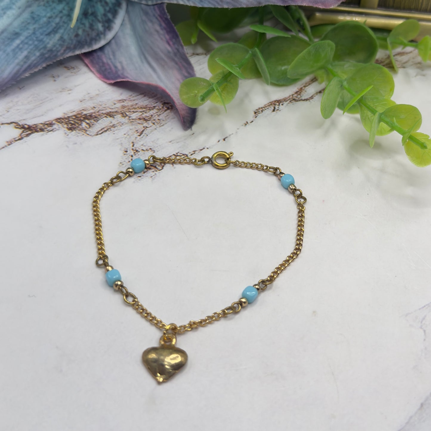 Blue Glass Bead Gold Chain Heart Charm Doll Necklace • 18 Inch Fashion Doll Jewelry