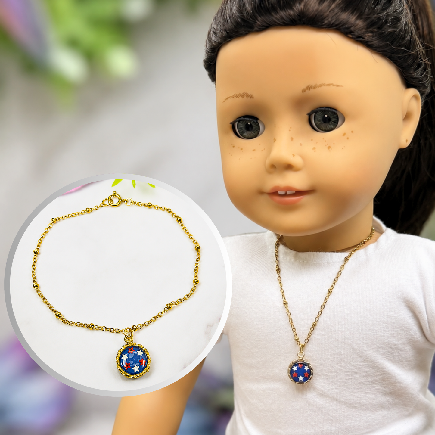 Red White Blue Stars Round Americana Charm Doll Necklace for 18 Inch Fashion Doll