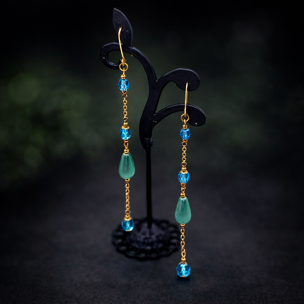 Handmade Duster Dangle Earrings -  Turquoise Crystal Faux Pearl Gold Tone Chain