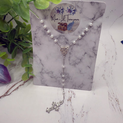 Pearl Beaded Silver Cross • Doll Size Catholic Rosary for 18-22” Fashion or Vintage Dolls