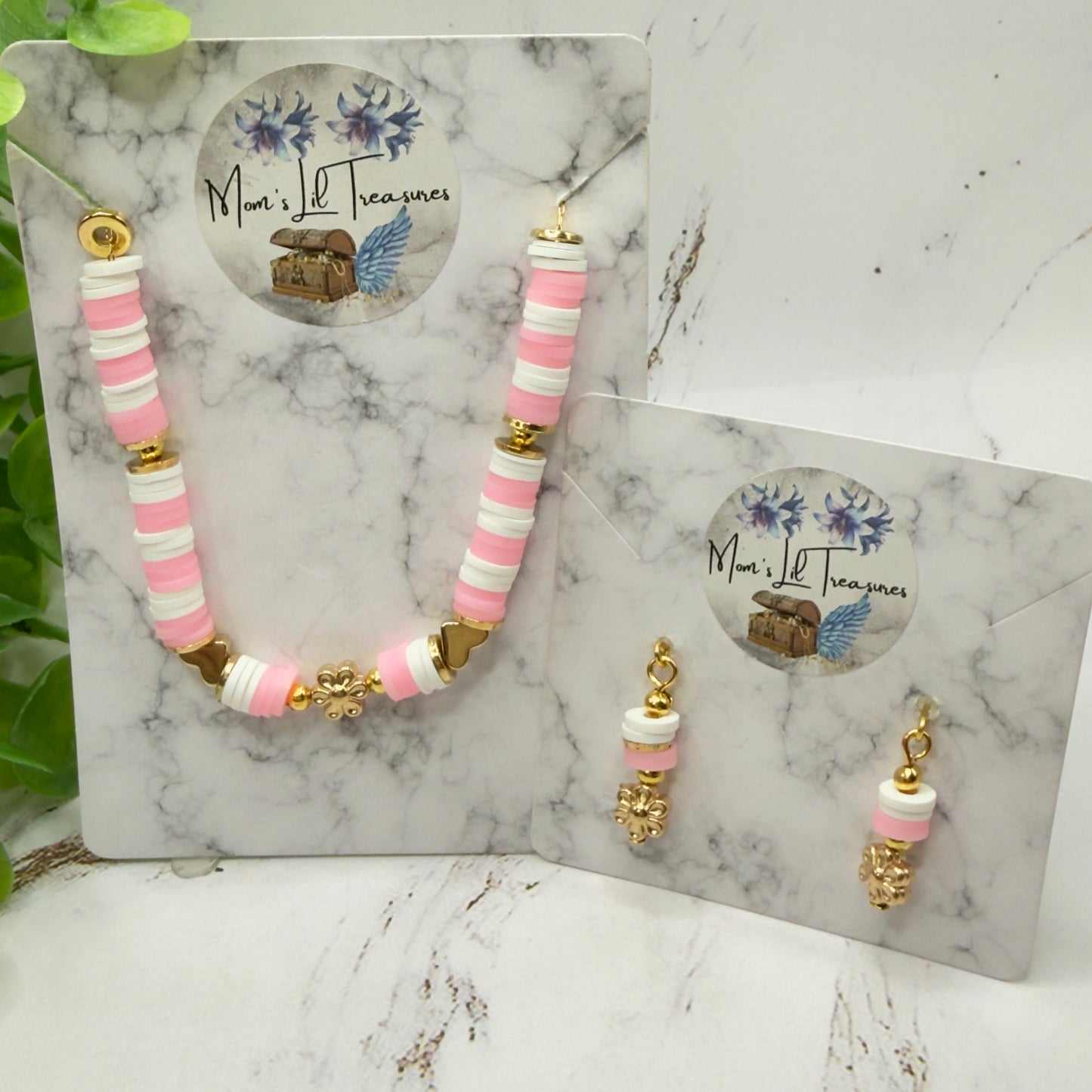 Pink White Disk Beaded Gold Flower Heart Doll Necklace & Earrings • 18 Inch Fashion Doll Jewelry