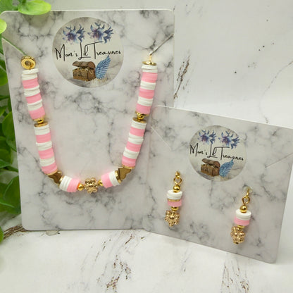 Pink White Disk Beaded Gold Flower Heart Doll Necklace & Earrings • 18 Inch Fashion Doll Jewelry