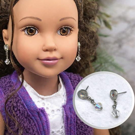 Rhinestone Clear Crystal Silver Tone Dangle Post Doll Earrings for 18 Inch Doll