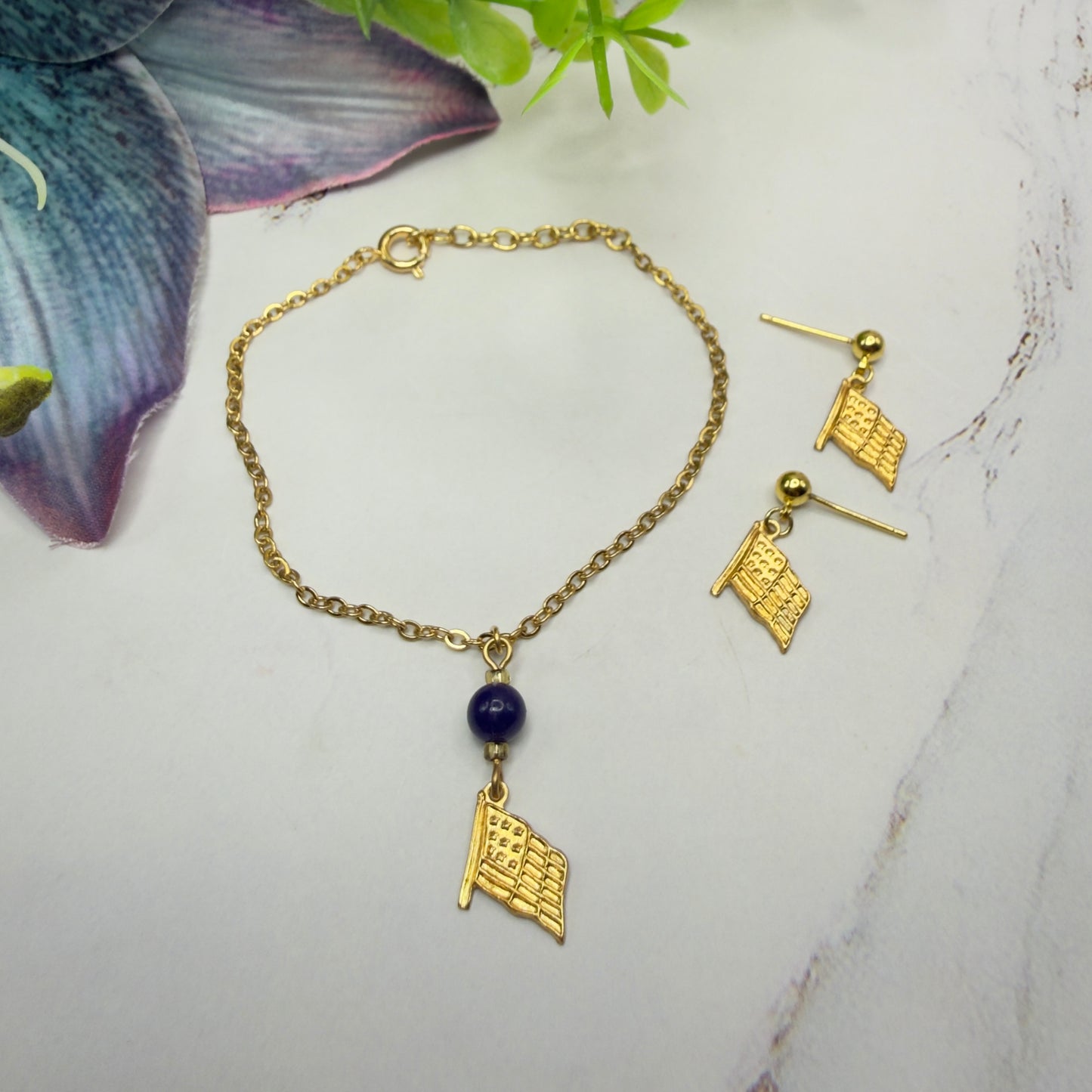 Blue Bead Gold Flag Dangle Doll Necklace & Earrings Set for 18 Inch Fashion Doll