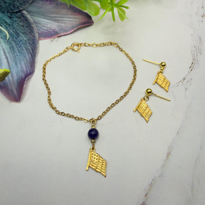 Blue Bead Gold Flag Dangle Doll Necklace & Earrings Set for 18 Inch Fashion Doll