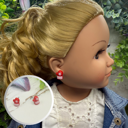 Red Christmas Winter Mitten Post Doll Earrings • 18 Inch Fashion Doll Jewelry