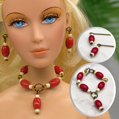 Red White Beaded Doll Necklace Earring Set • 16 Inch Fashion Doll Jewelry