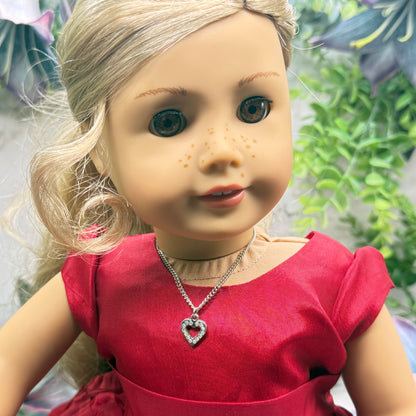 Rhinestone Heart Charm Silver Doll Necklace • 18 Inch Fashion Doll Jewelry