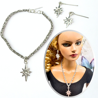 Silver Starburst Pendant Doll Necklace & Earrings • 16 Inch Fashion Doll Jewelry