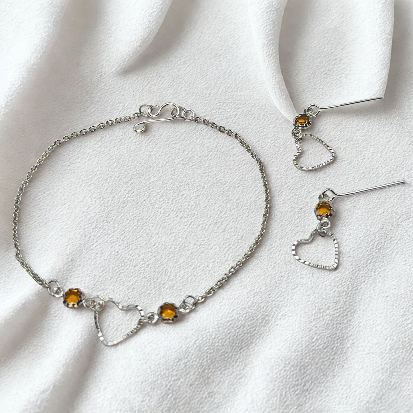 Amber Yellow Crystal Silver OpenHeart Charm Doll Necklace & Earrings • 18 Inch Fashion Doll Jewelry