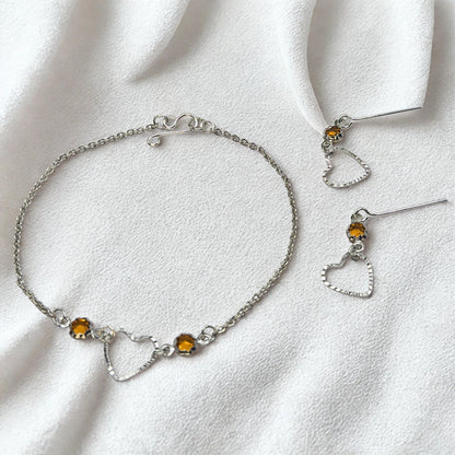 Amber Yellow Crystal Silver OpenHeart Charm Doll Necklace & Earrings • 18 Inch Fashion Doll Jewelry