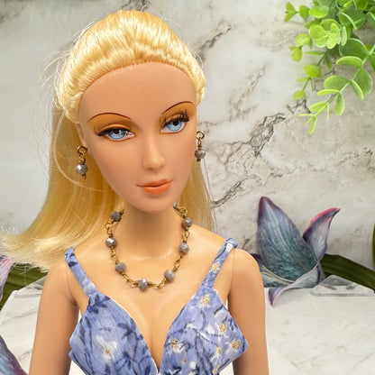Gray Glass Crystal Beaded Doll Necklace & Earrings • 16 Inch Fashion Doll Jewelry