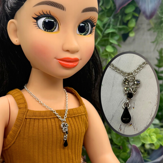 Clear Rhinestone Butterfly Black Teardrop Pendant Silver Chain Doll Necklace • 18 Inch Fashion Doll Jewelry
