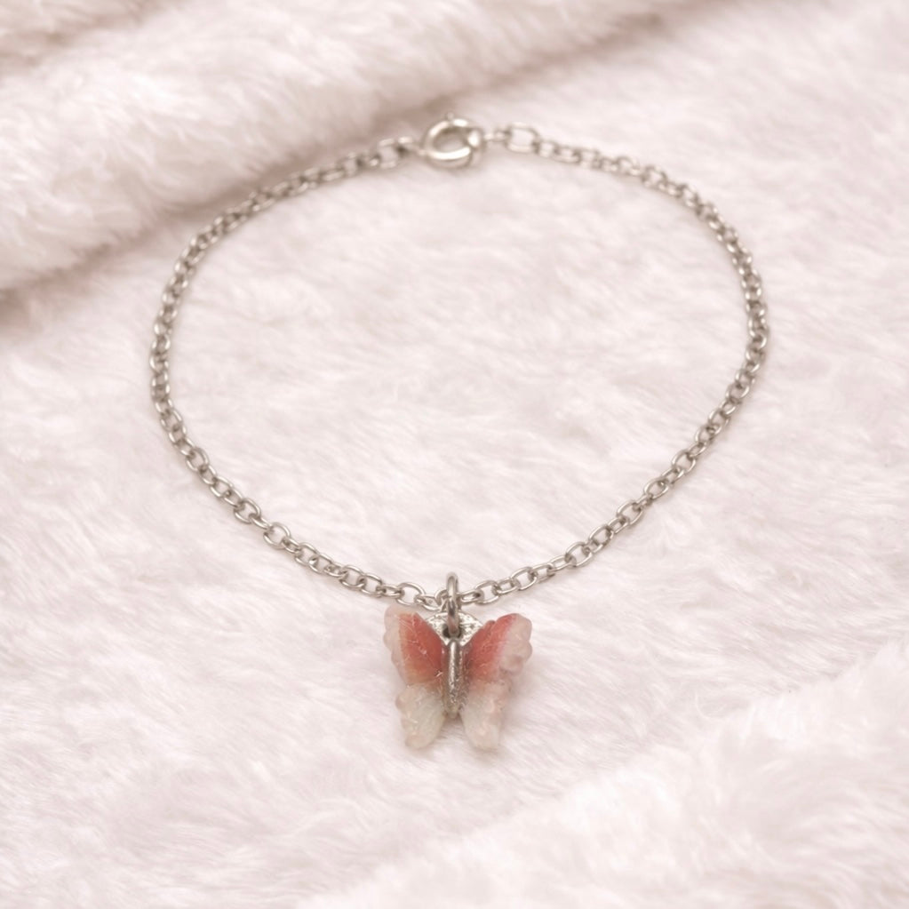 Coral Red Brown Gradient Butterfly Charm Silver Doll Necklace • 18 Inch Fashion Doll Jewelry