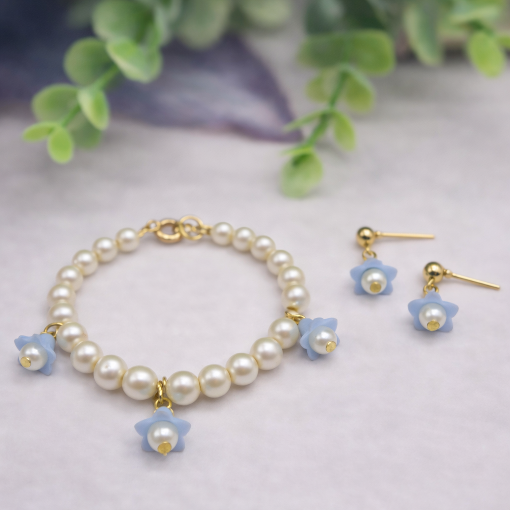 Light Blue Bell Flower Dangle Pearl Beaded Doll Necklace & Earrings • 14 Inch Fashion Doll Jewelry