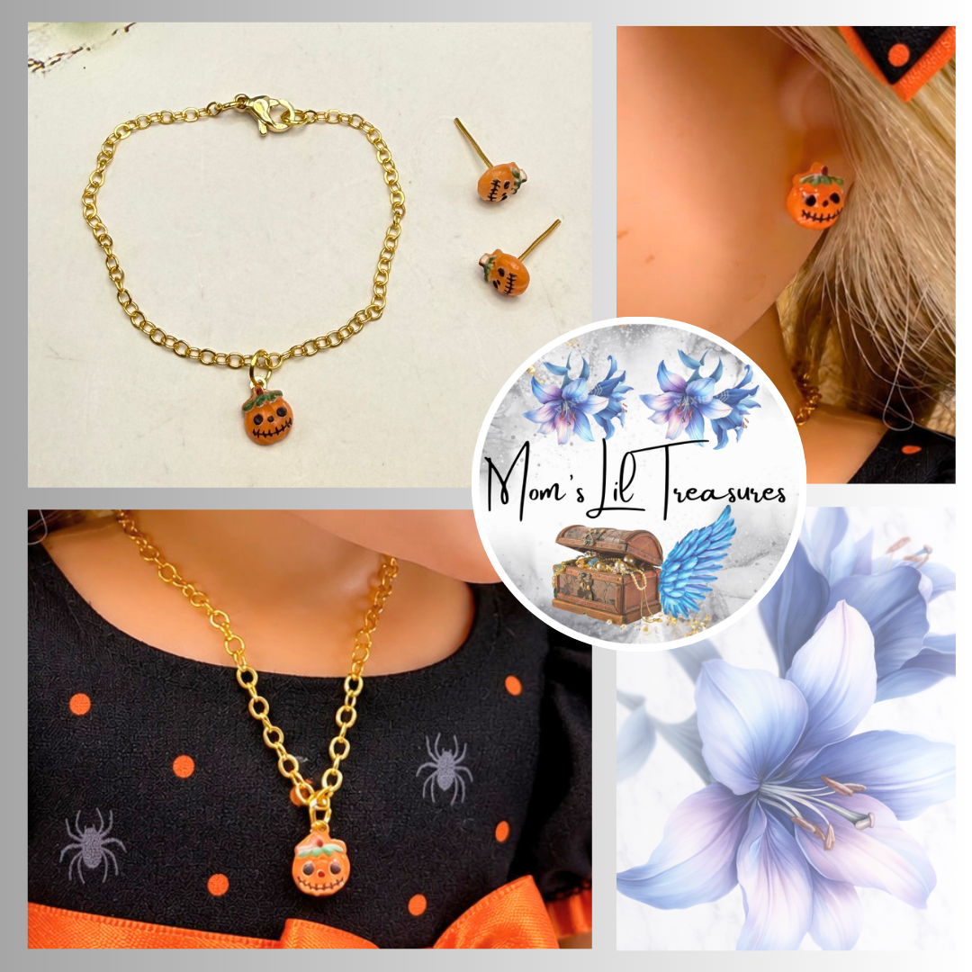 Jack-O-Lantern Pumpkin Doll Earrings and Necklace Set | for 14 Inch Fashion Doll • Wellie Wishers