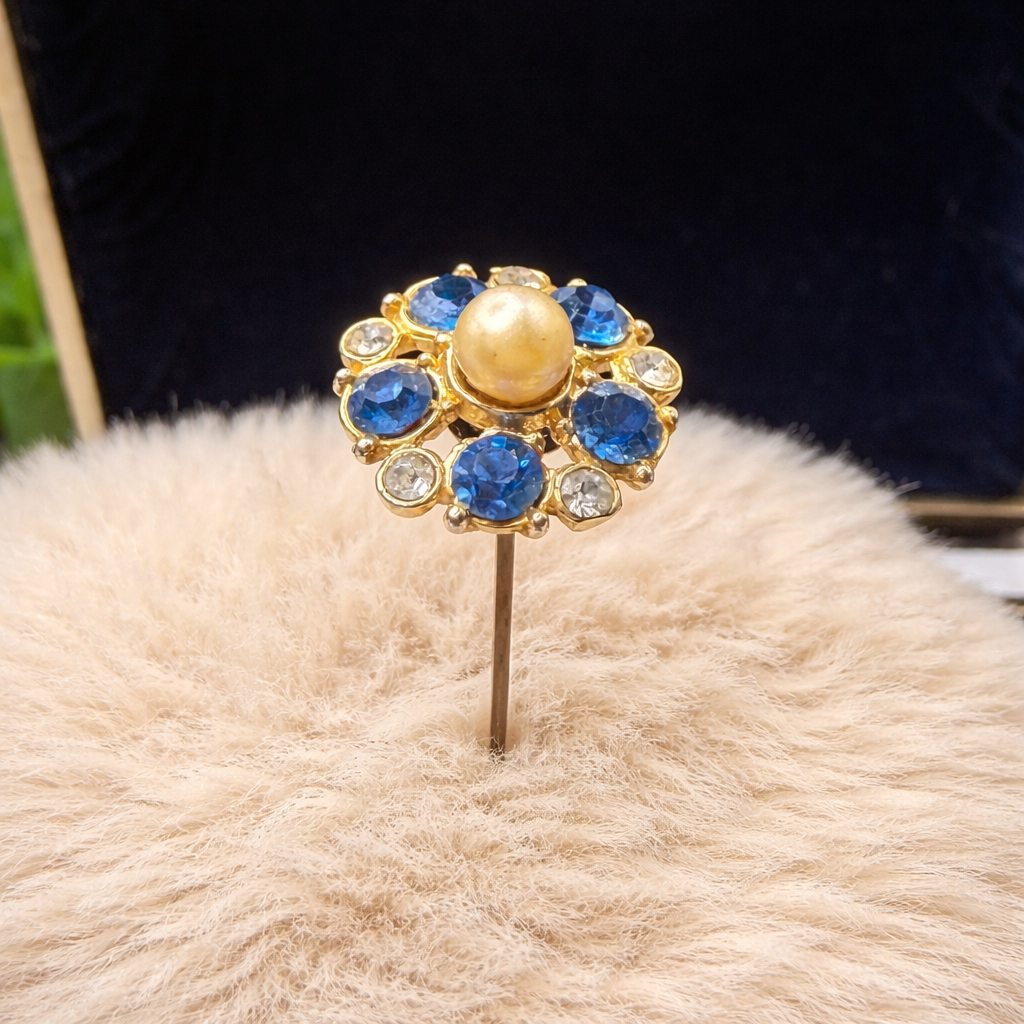 Blue & Clear Rhinestone Pearl Center Flower Design Gold Tone Stick Pin Hatpin