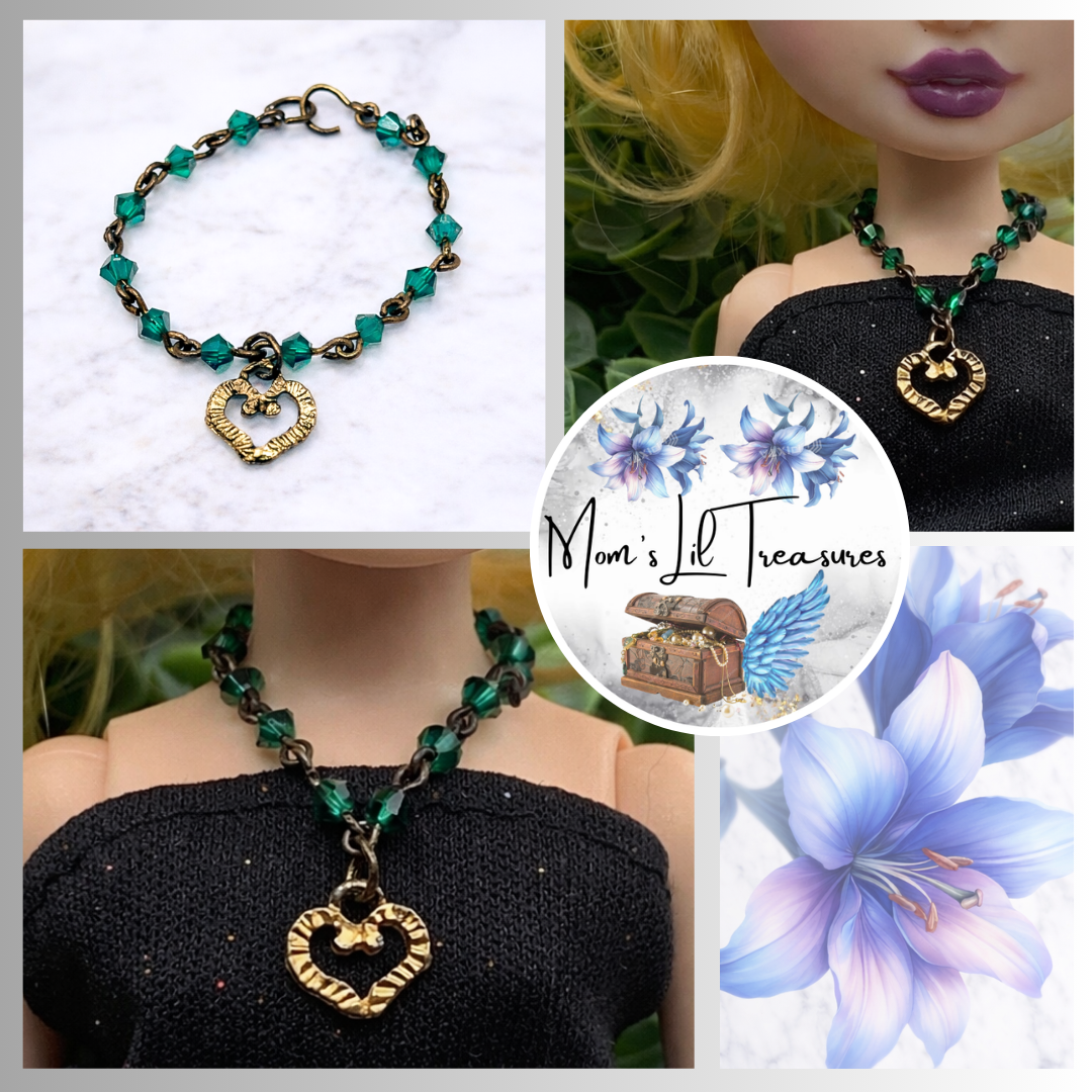Green Bead Gold Heart Pendant Doll Necklace - RH • 10-12” Fashion Doll Jewelry