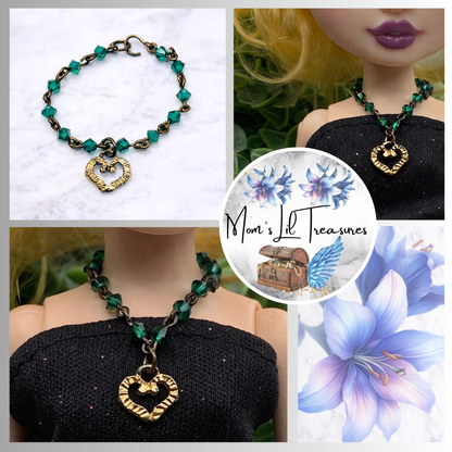 Green Bead Gold Heart Pendant Doll Necklace - RH • 10-12” Fashion Doll Jewelry