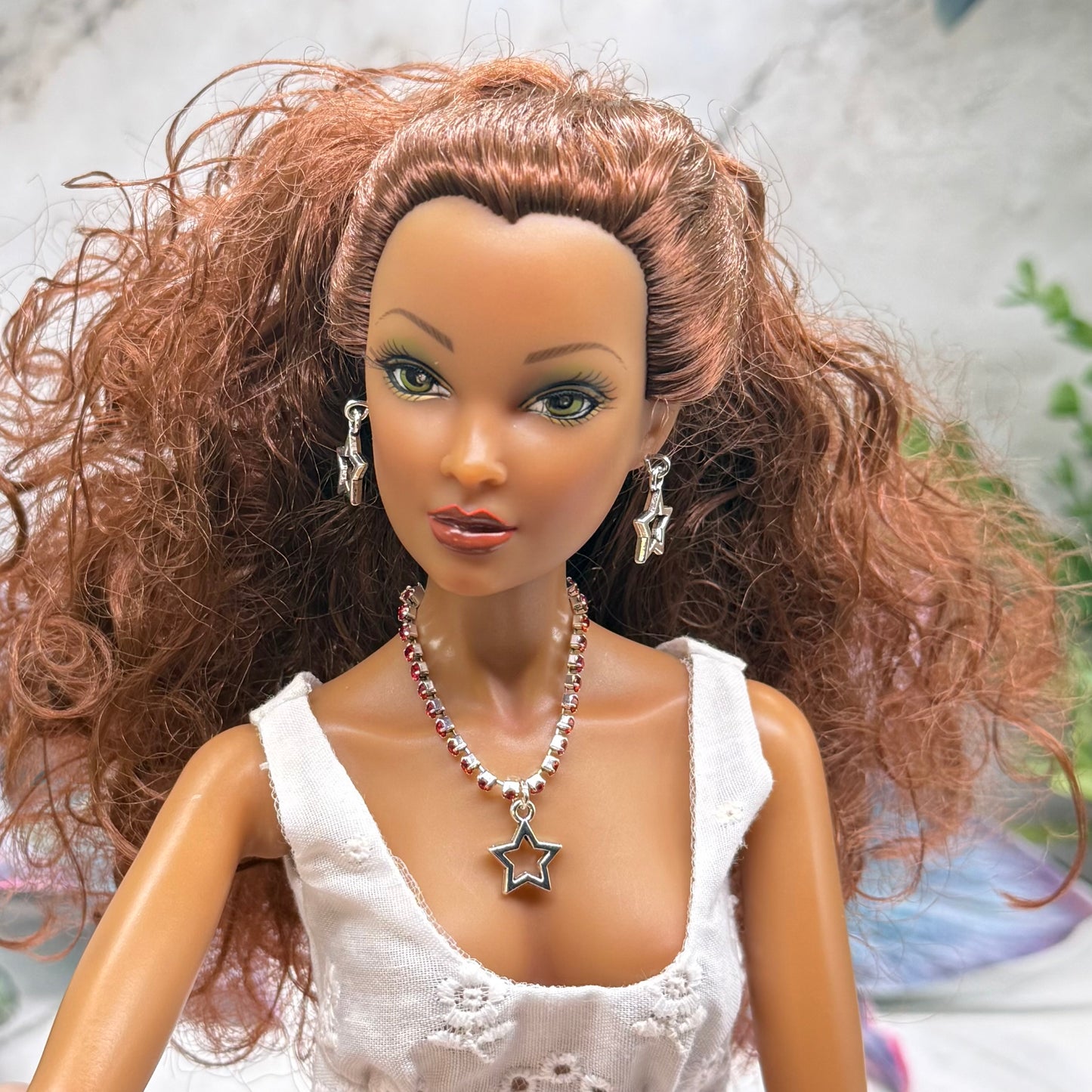 Red Rhinestone Silver Star Charm Doll Necklace & Earrings Set for 16 Inch Fashion Doll