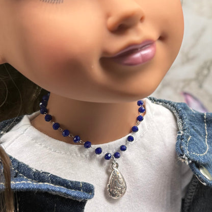 Blue Glass Crystal Beaded Chain Silver Teardrop Heart Flower Design Pendant Doll Necklace • 18 Inch Fashion Doll Jewelry