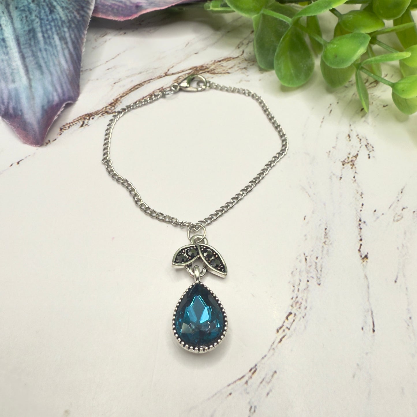 Dark Turquoise Teardrop Rhinestone Pendant Doll Necklace • 18 Inch Fashion Doll Jewelry